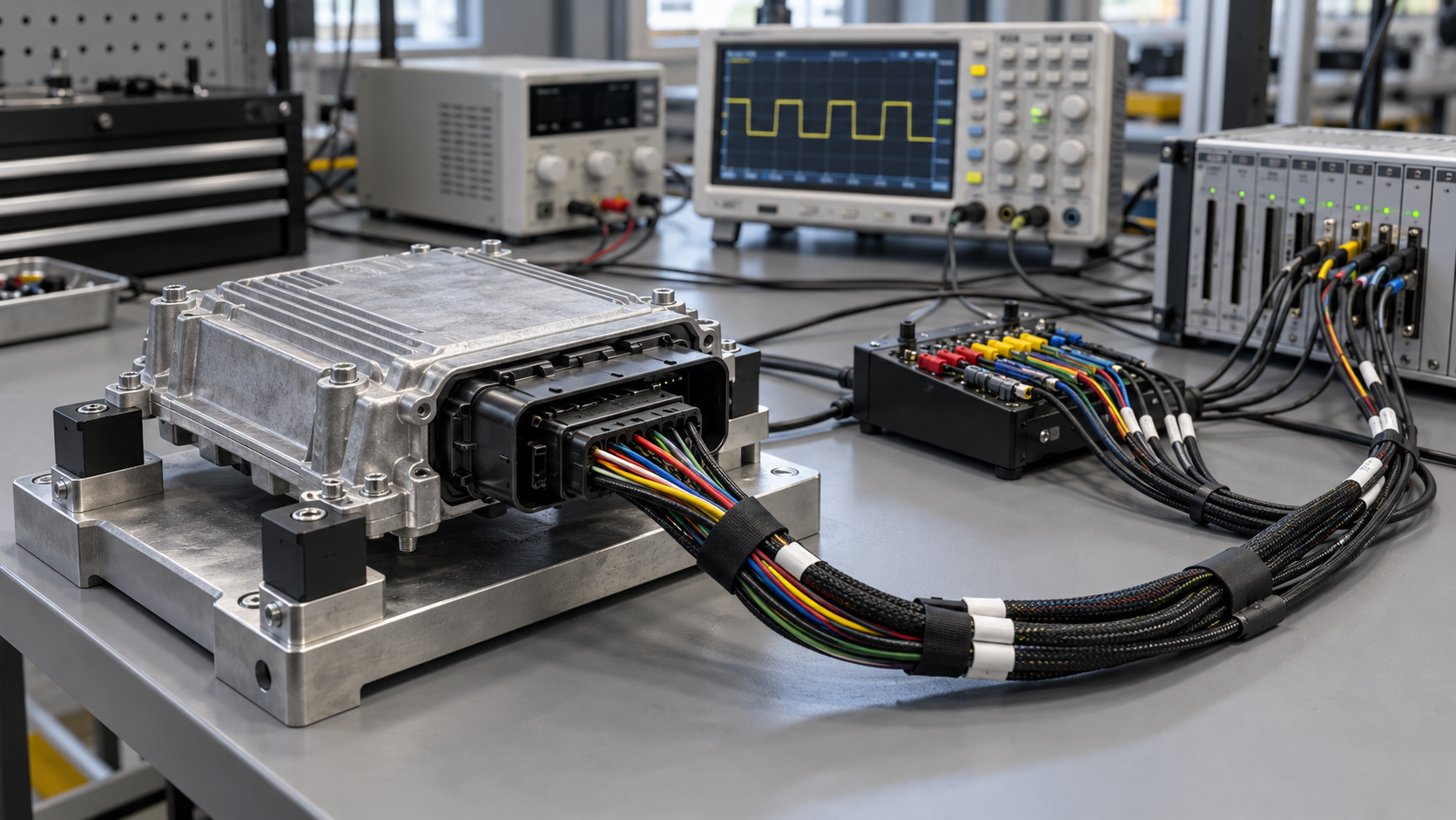 AI-generated illustration of a compact ECU signal-level HIL bench with breakout harness, real-time I/O, and oscilloscope