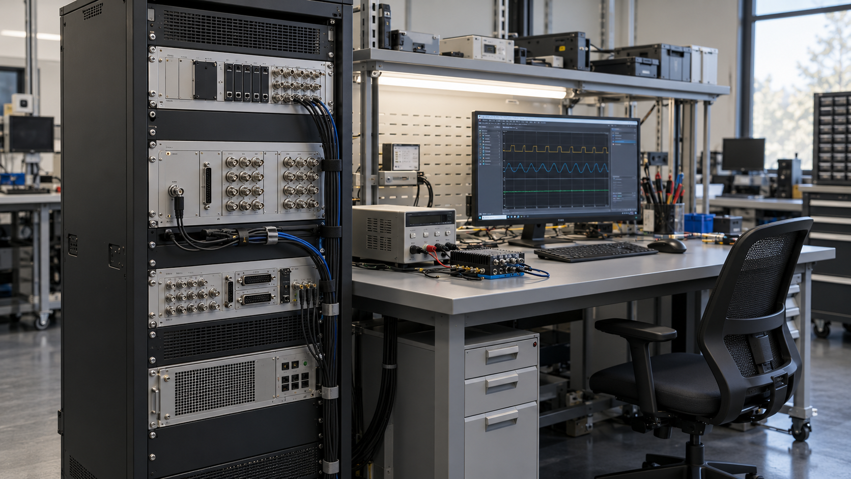 Illustrative automotive HIL test bench with real-time hardware and signal interfaces